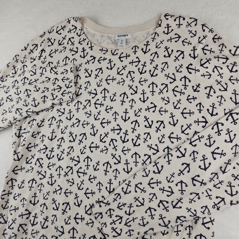 Old Navy Womens Sweater Sz XL All Over Print Anchors Away Pullover‎ Navy & Cream